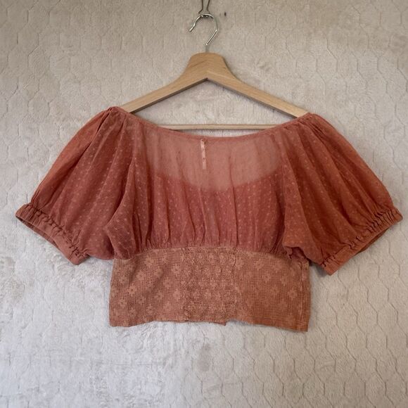 Free People Heartstrings Summer Puff Sleeve Crop Top Peach Sz XS - Picture 11 of 11